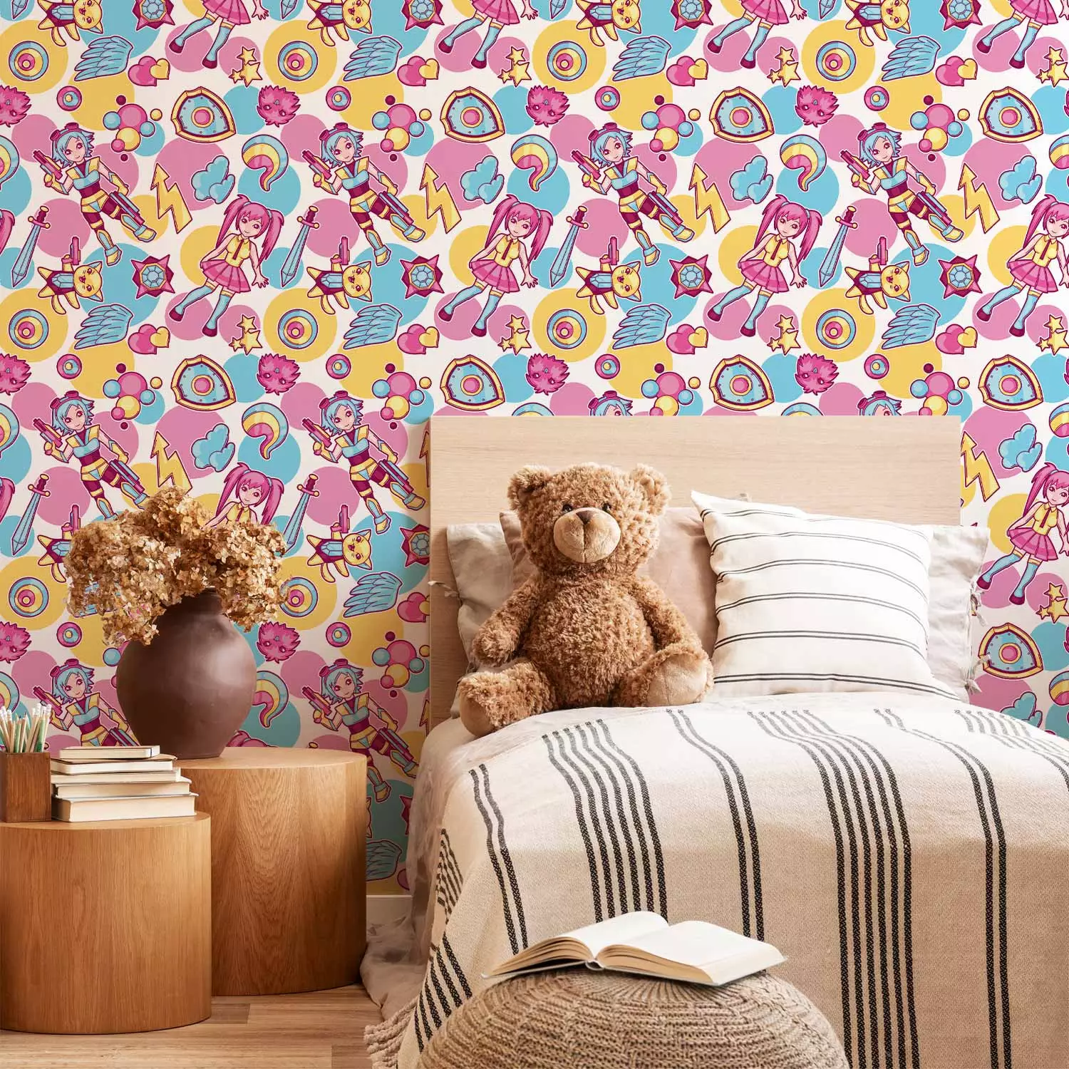 Wallpaper Kawaii - Colorful Characters from an Animated Fairy Tale on a Colored Background