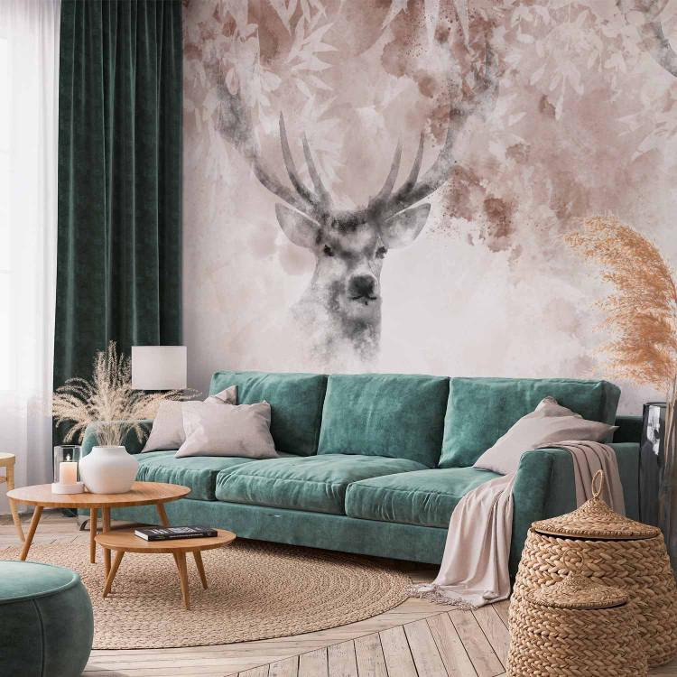 Wall Mural Deer in the Fog - Watercolor Animals on a Beige Background