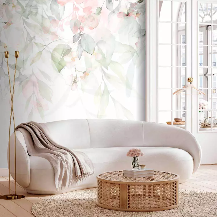 Wall Mural Rose Copse - Pink Flowers and Green Leaves on a White Background