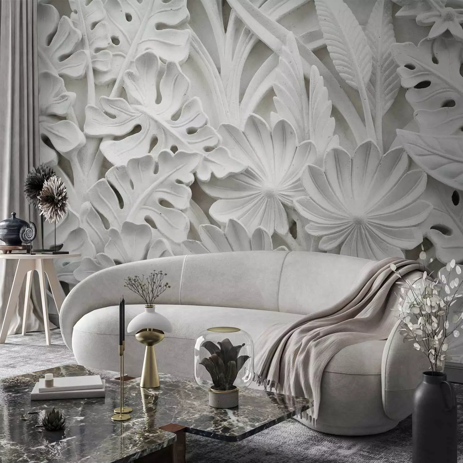 Photo Wallpaper Plaster Vegetation - White Spatial Composition of Leaves and Flowers