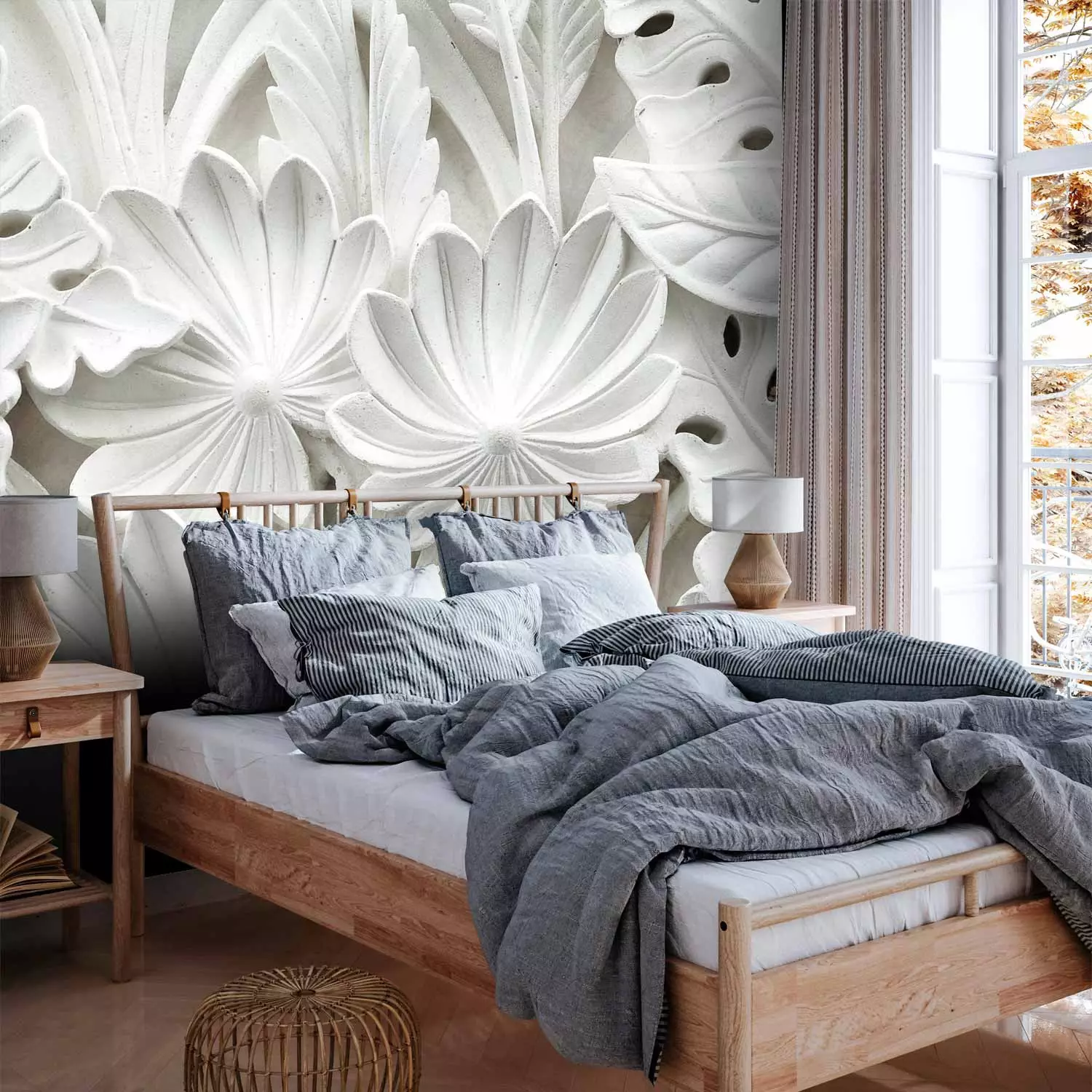 Photo Wallpaper Plaster Vegetation - White Spatial Composition of Leaves and Flowers
