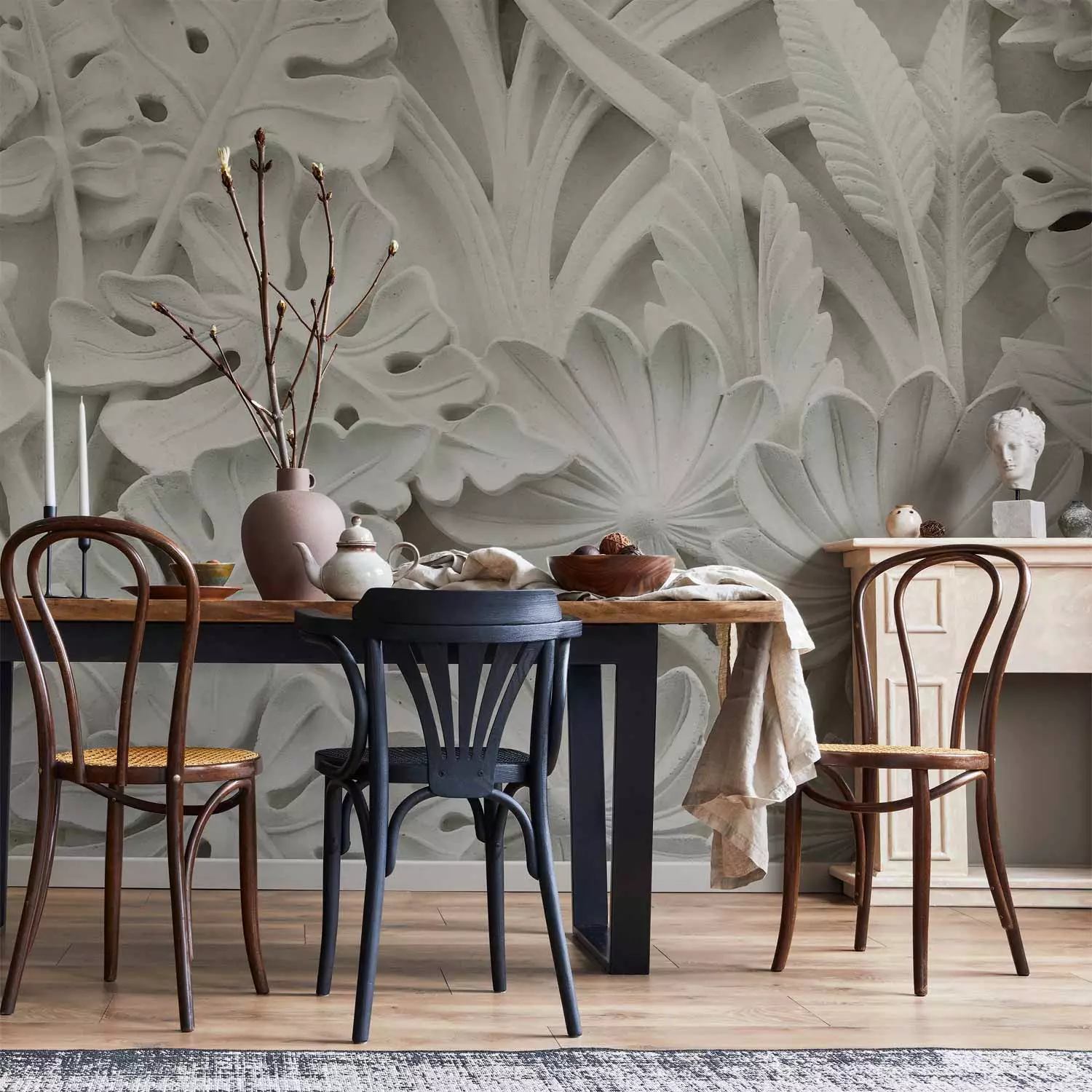 Photo Wallpaper Plaster Vegetation - White Spatial Composition of Leaves and Flowers