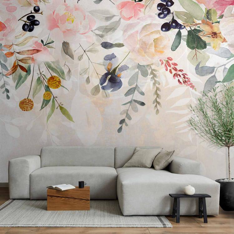 Wall Mural Spring Poppies - Watercolor Flowers and Leaves on a Beige Background