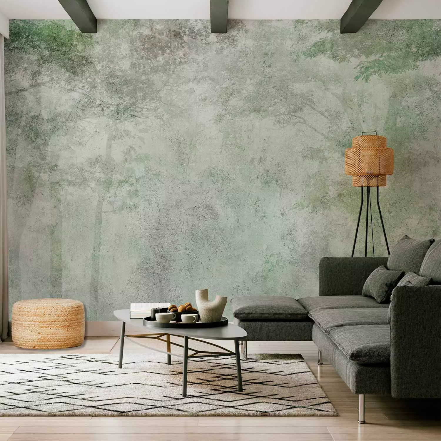 Wall Mural Forest in the Morning - Green Trees on a Delicate Light Texture