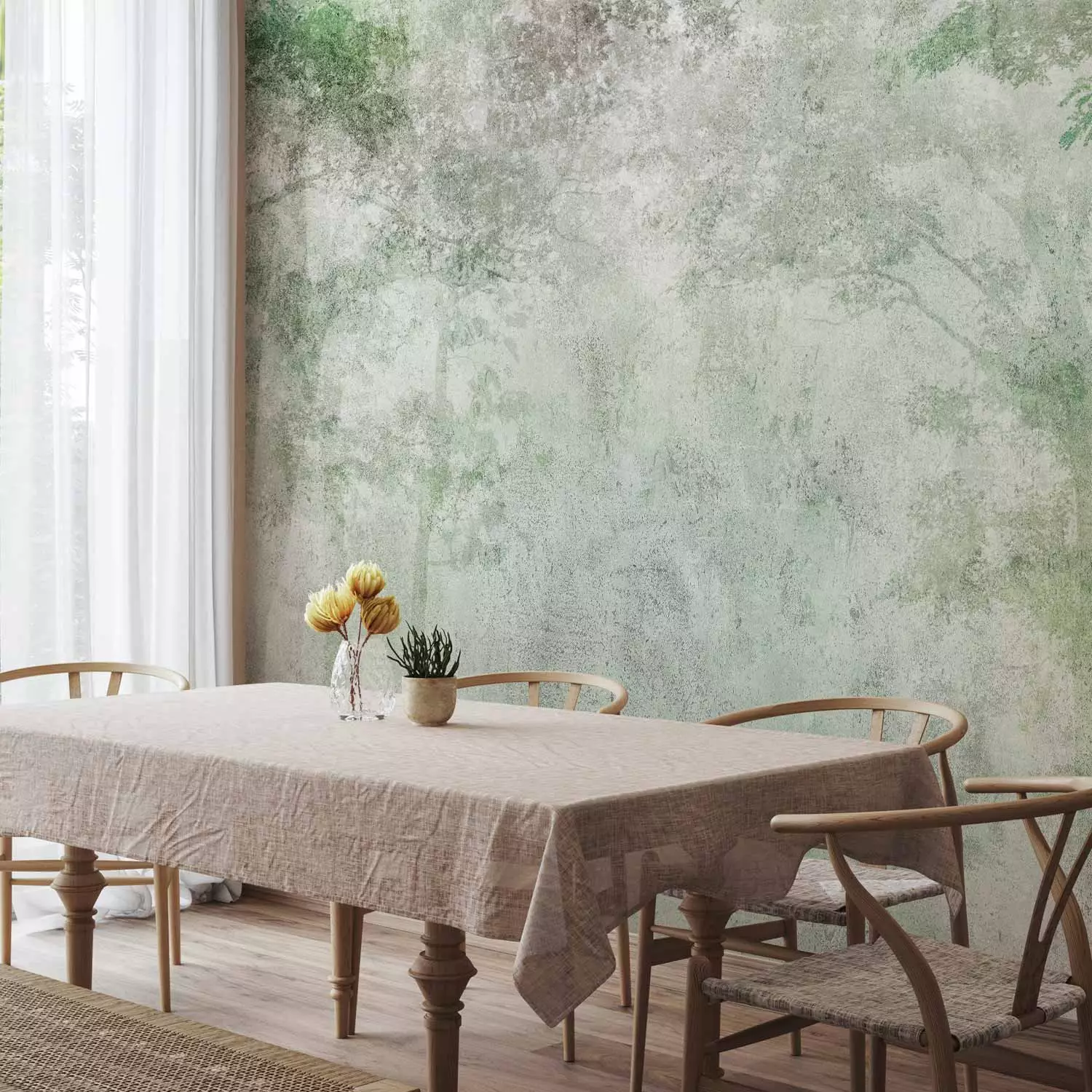 Wall Mural Forest in the Morning - Green Trees on a Delicate Light Texture