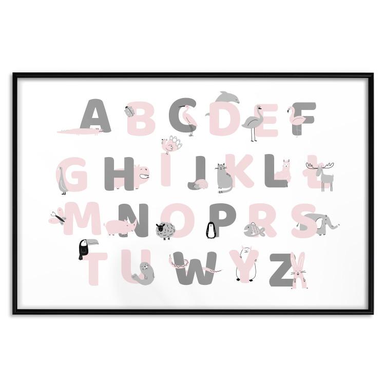 Poster Polish Alphabet for Children - Gray and Pink Letters with Animals