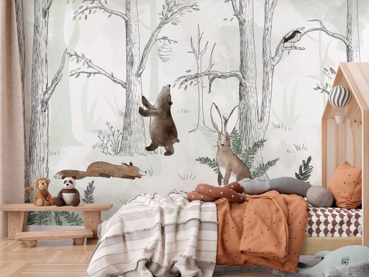 Wall Mural Drawn Forest - Watercolor Forest Animals on a Green Background
