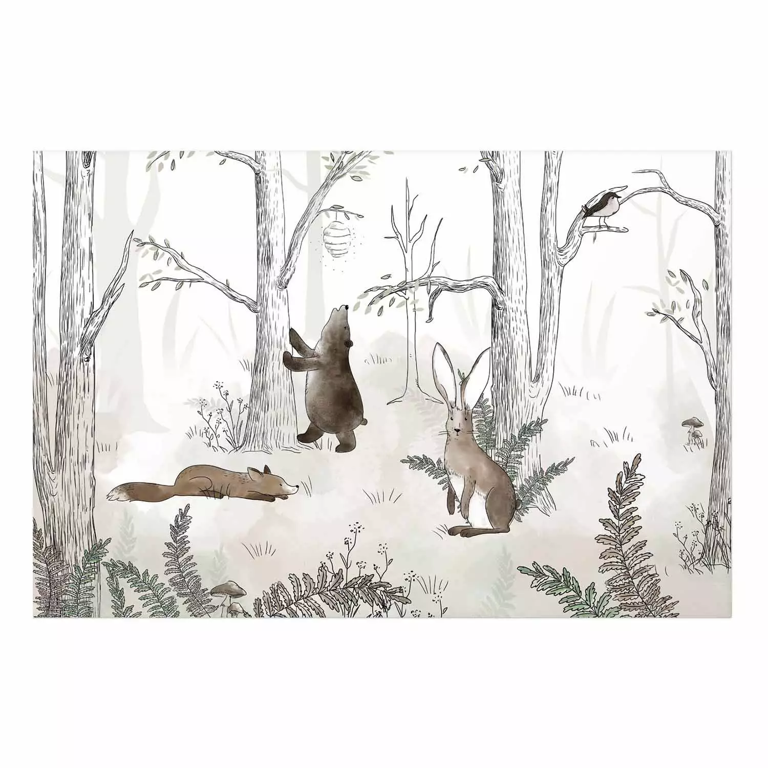 Poster Forest Animals - Drawn Forest with Watercolor Ferns