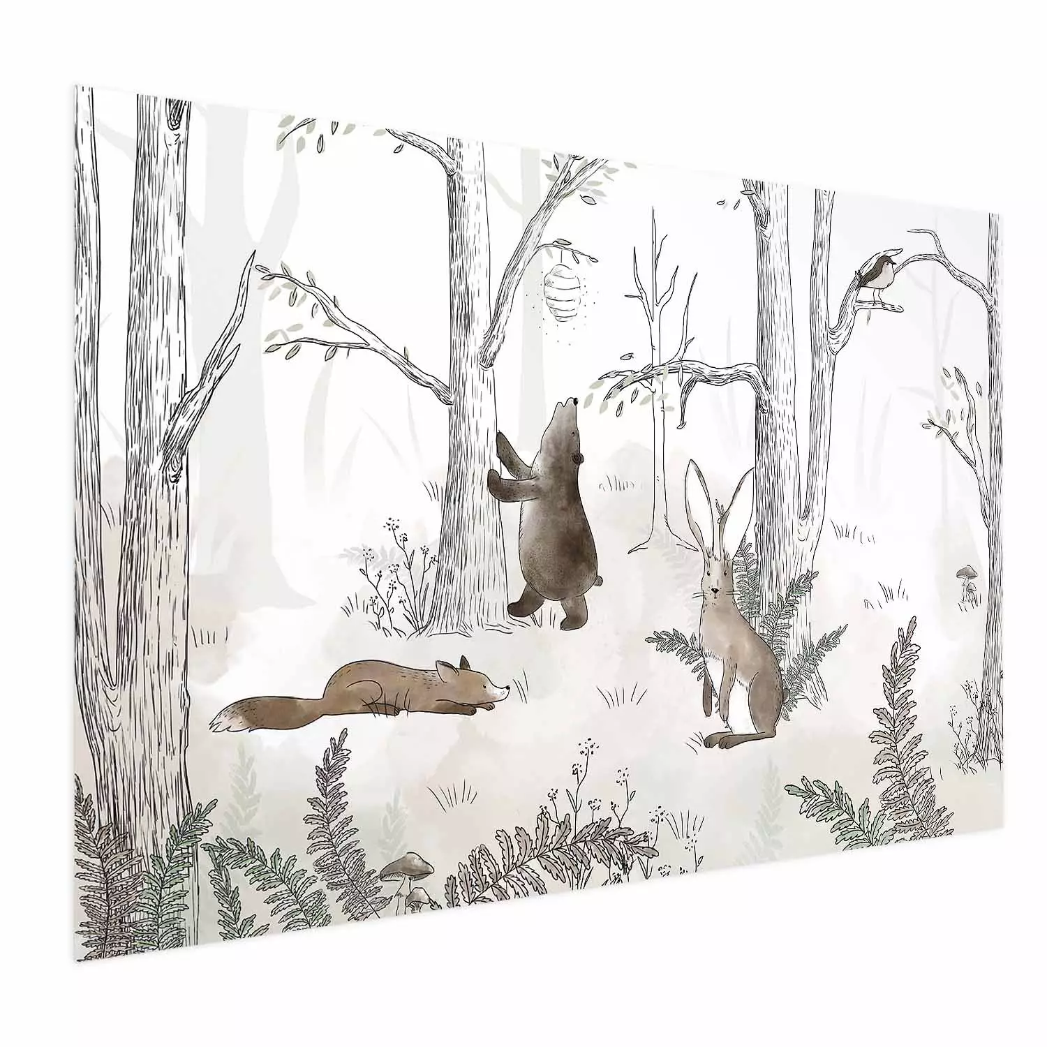 Poster Forest Animals - Drawn Forest with Watercolor Ferns