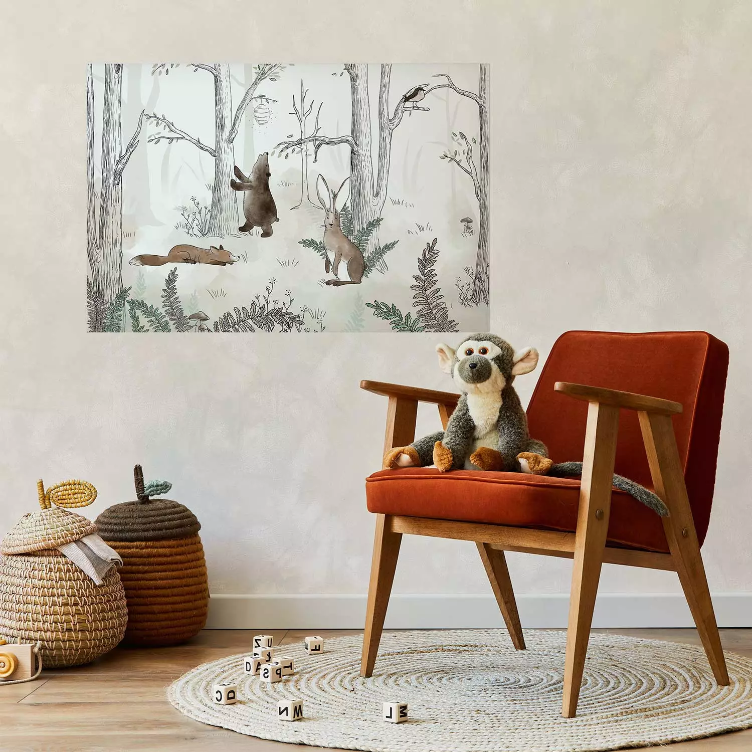 Poster Forest Animals - Drawn Forest with Watercolor Ferns