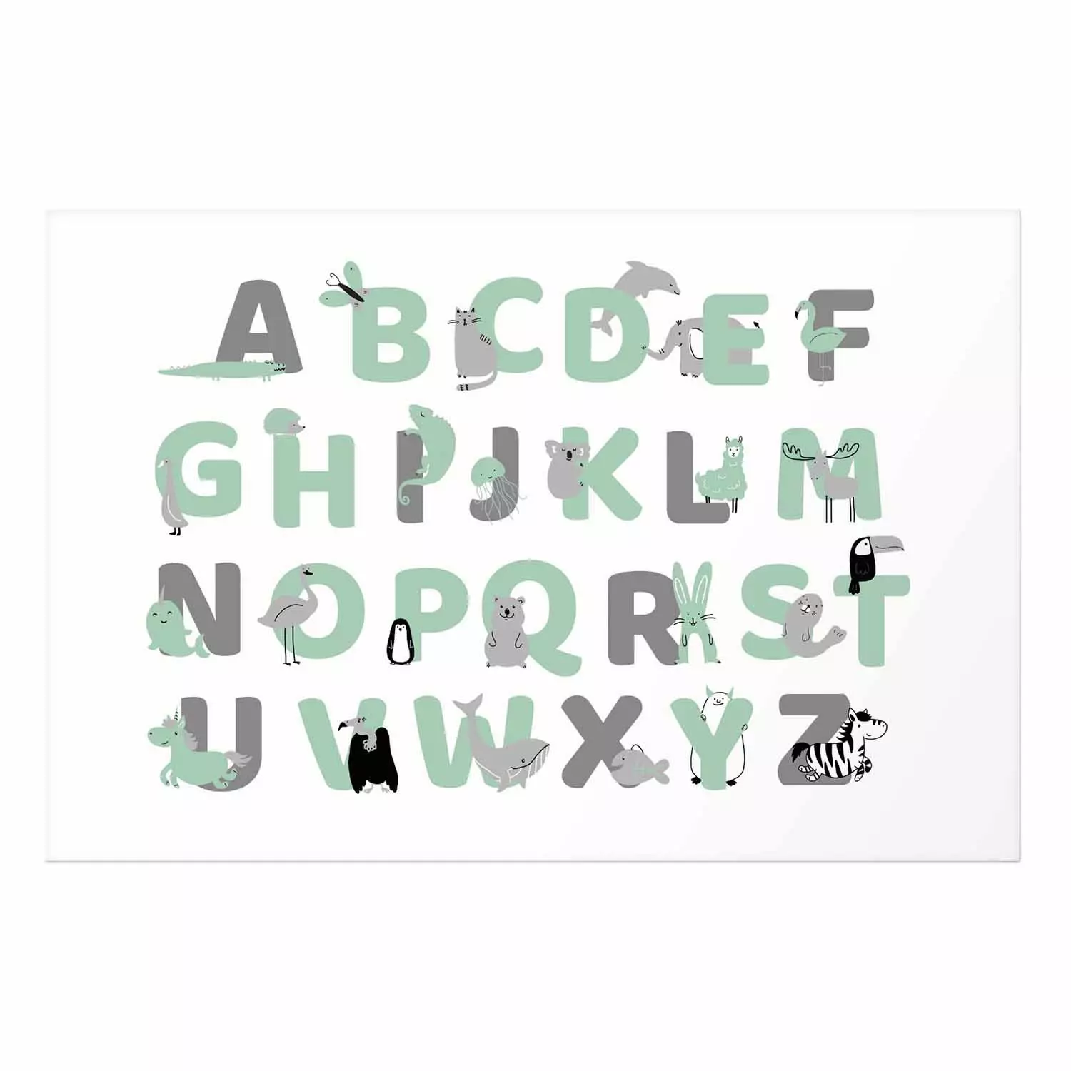 Poster English Alphabet for Children - Gray and Mint Letters with Animals