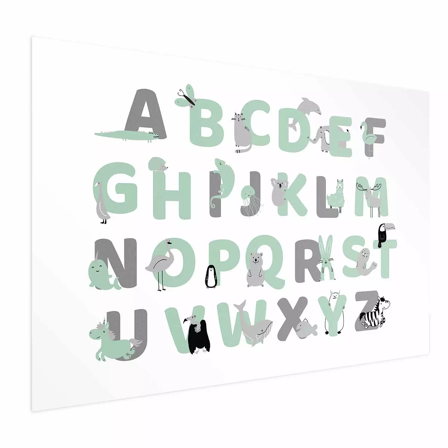 Poster English Alphabet for Children - Gray and Mint Letters with Animals