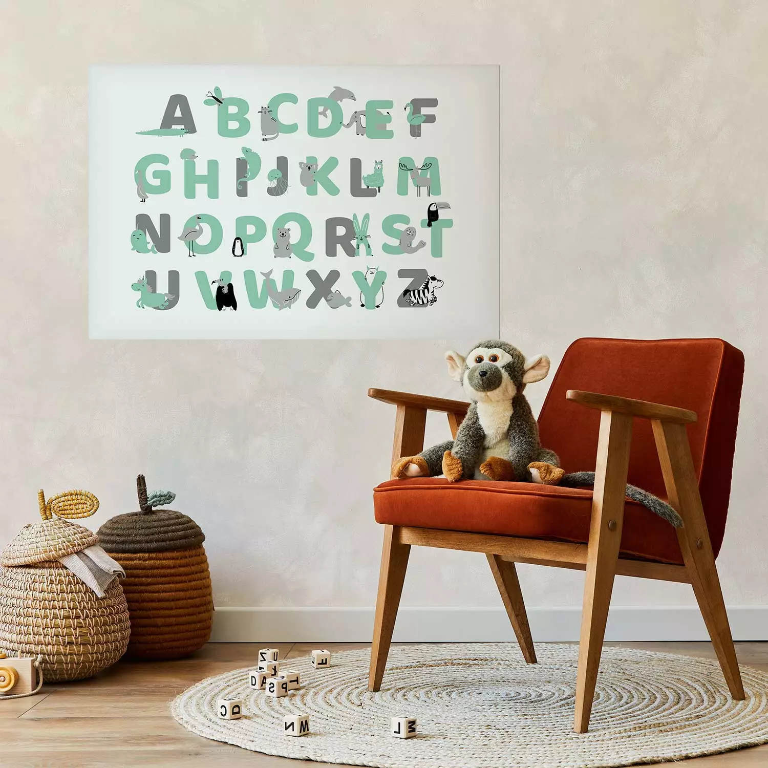 Poster English Alphabet for Children - Gray and Mint Letters with Animals