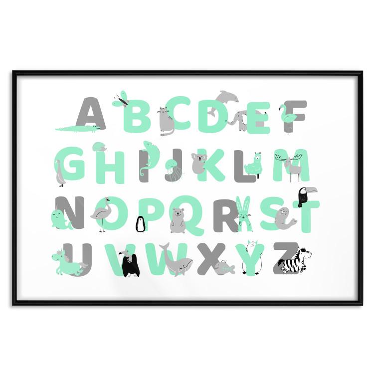 Poster English Alphabet for Children - Gray and Mint Letters with Animals