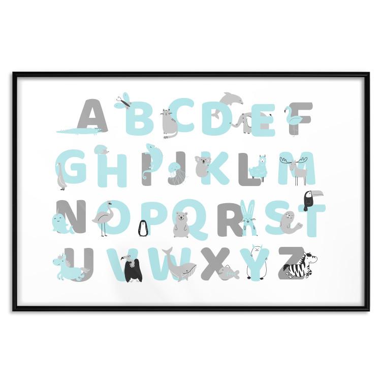 Poster English Alphabet for Children - Gray and Blue Letters with Animals