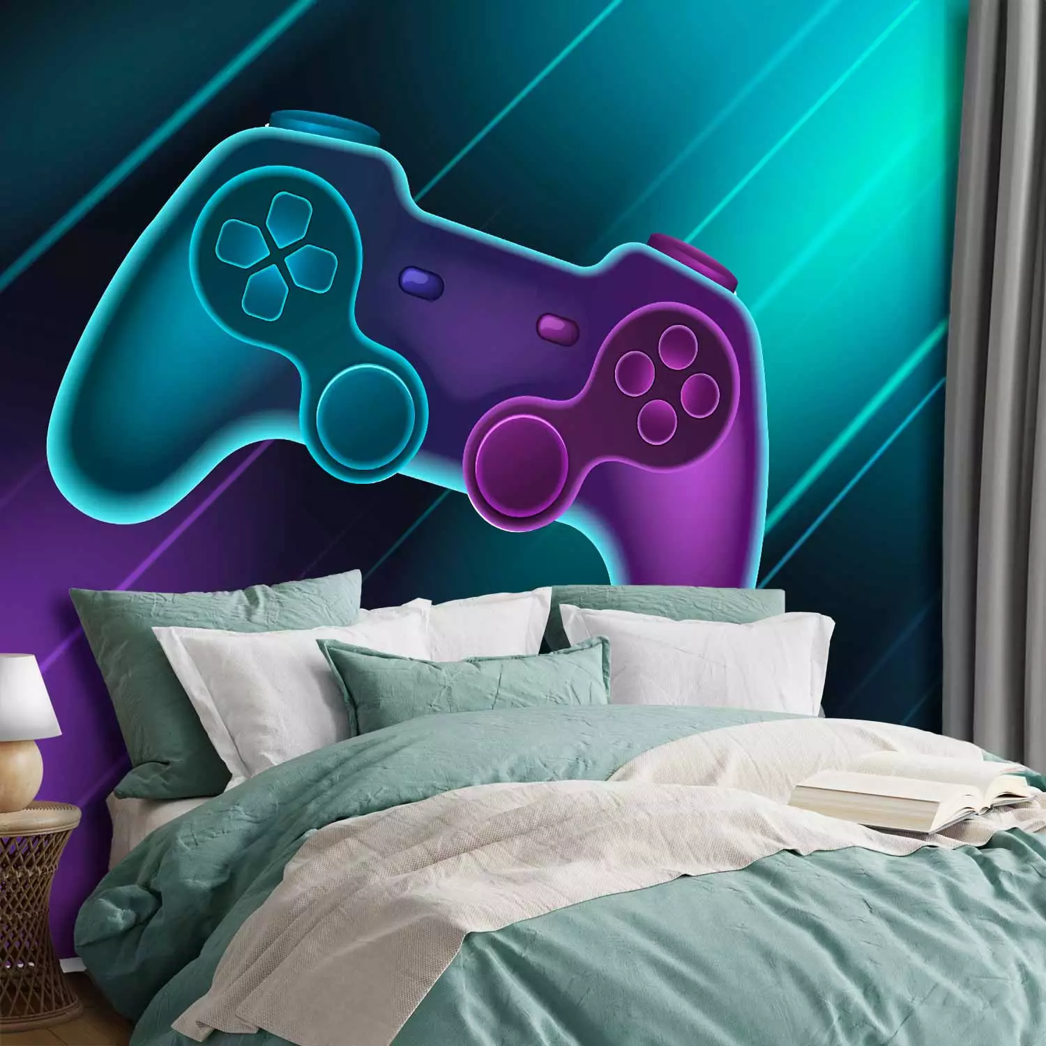 Photo Wallpaper Gamer Gadget - Console Pad in Neon Colors on a Dark Background