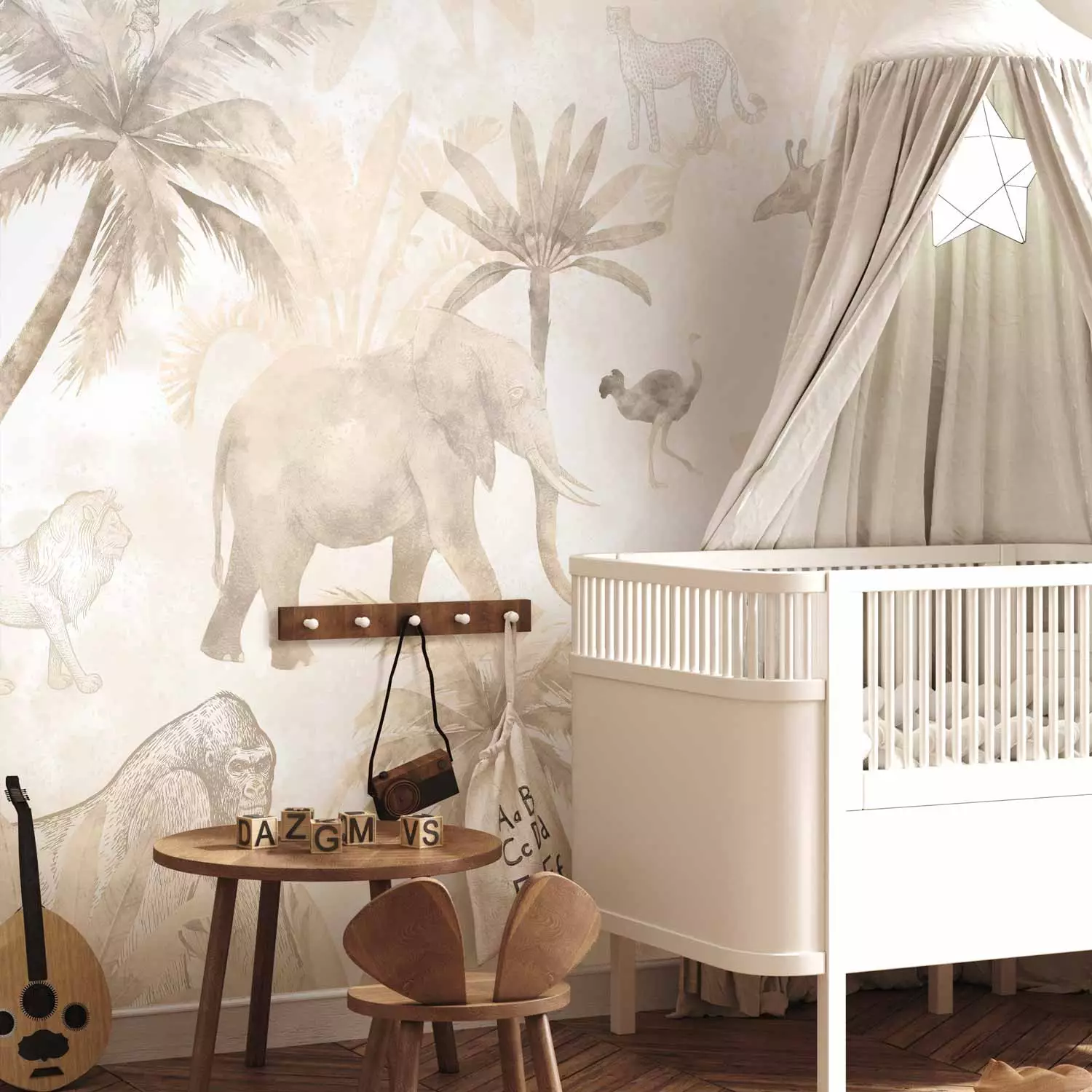 Wall Mural Tropical Safari - Wild Animals in Beige Tones on a White Background