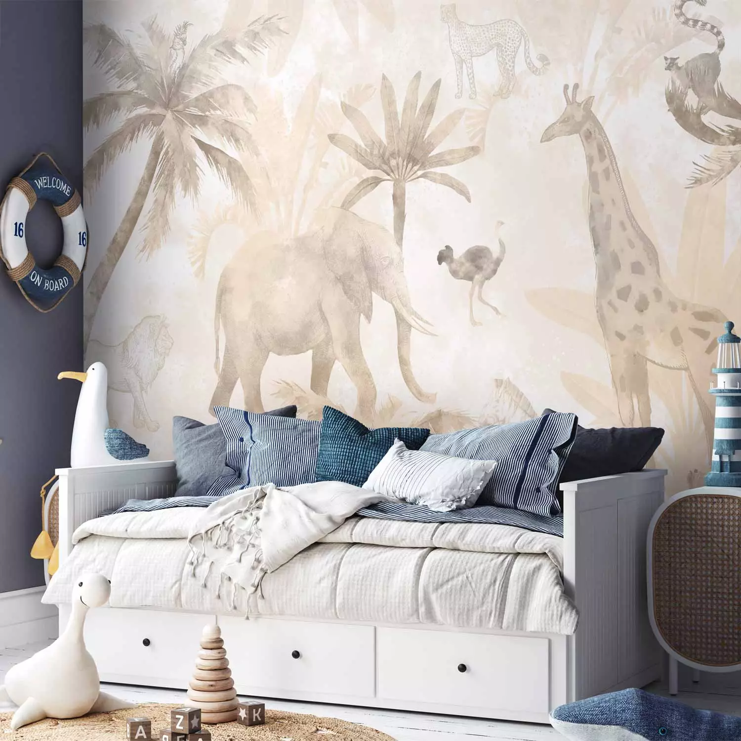 Wall Mural Tropical Safari - Wild Animals in Beige Tones on a White Background