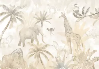 Wall Mural Tropical Safari - Wild Animals in Beige Tones on a White Background Wallpaper Cropper