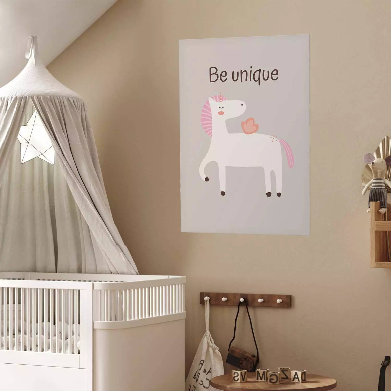 Wall Poster Be Unique - Cheerful Unicorn and a Motivating Slogan for Kids