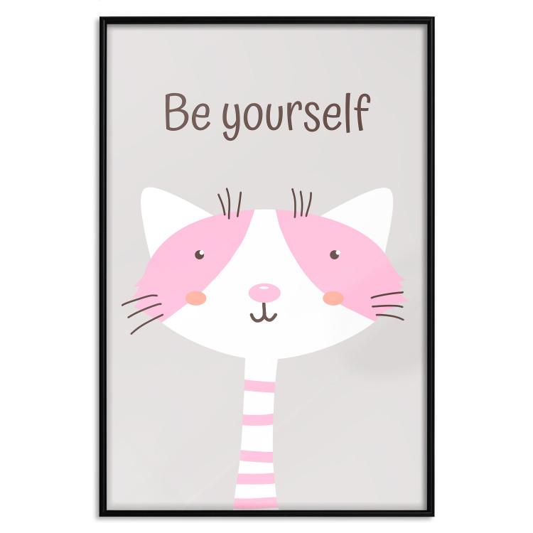 Poster Be Yourself - Pink Cheerful Cat and a Motivating Slogan for Children