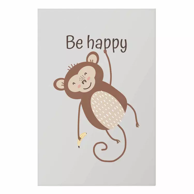 Poster Be Happy - Funny Brown Monkey with Banana and Motivational Text for Kids