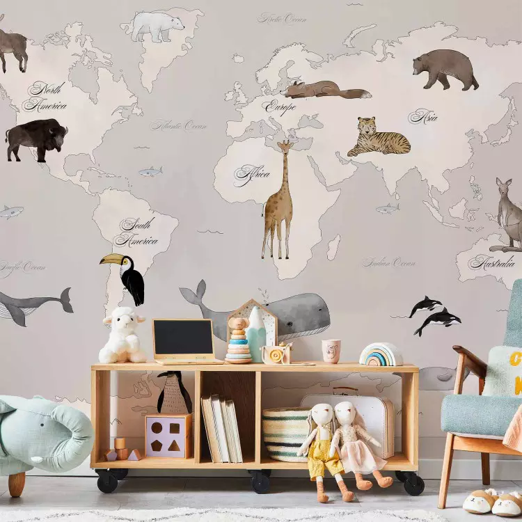 Wall Mural World Map for Kids - Continents and Oceans in Beige Tones
