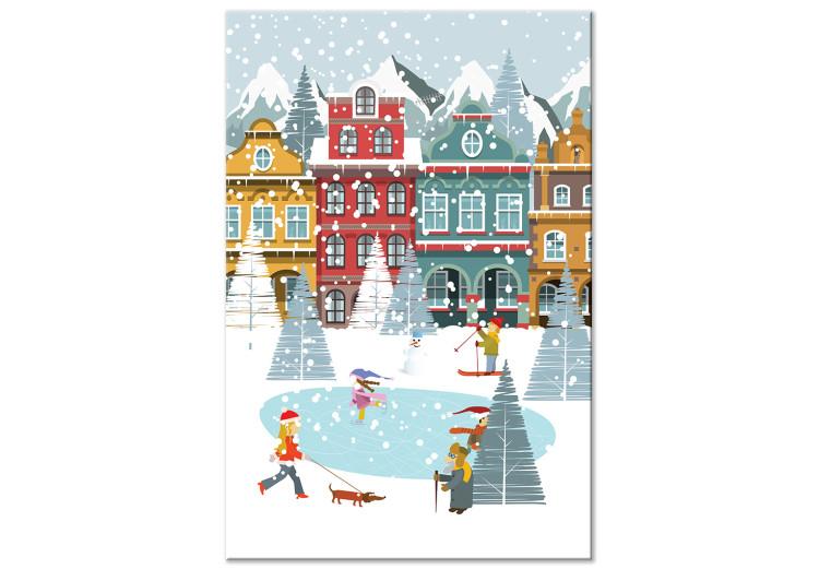 Canvas Winter Town - Ice Rink and Tenement Houses in a Festive Atmosphere