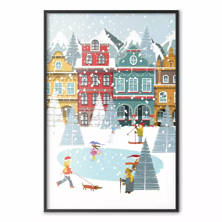 Winter Town - Tenement Houses and an Ice Rink in a Festive Atmosphere