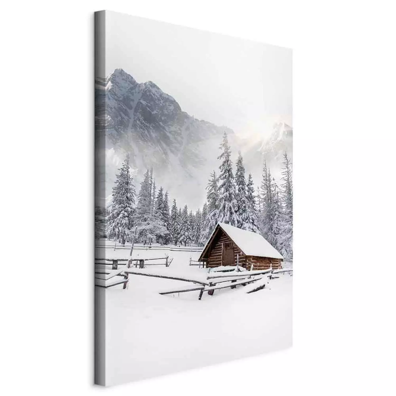 Canvas Winter Morning - Sunrise Landscape Over the Mountains, Forest and a Cottage