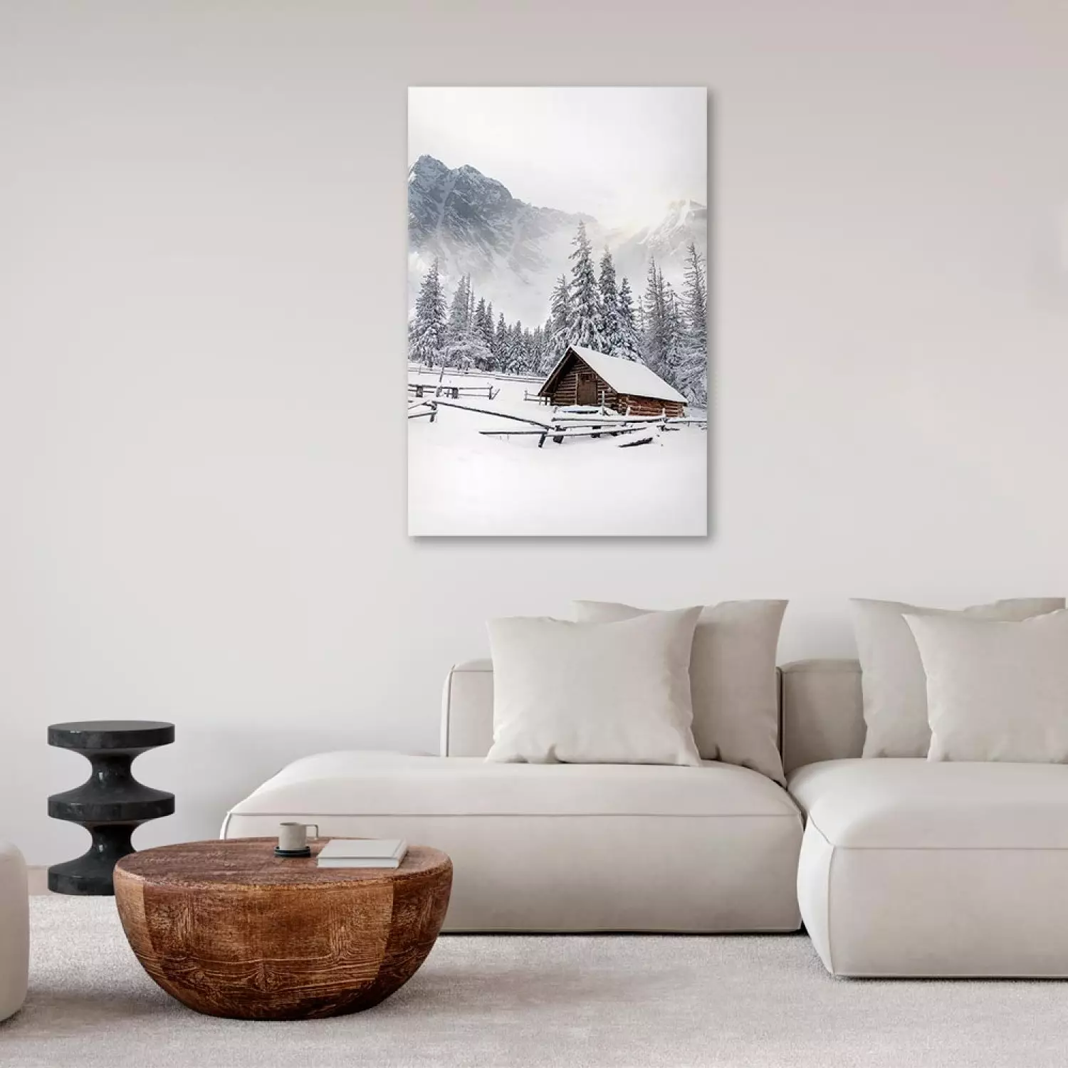 Canvas Winter Morning - Sunrise Landscape Over the Mountains, Forest and a Cottage