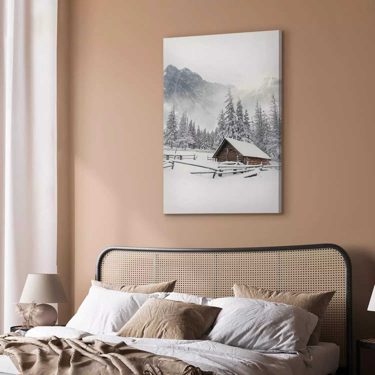 Canvas Winter Morning - Sunrise Landscape Over the Mountains, Forest and a Cottage