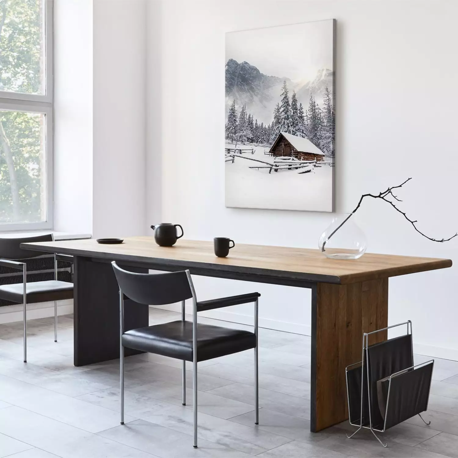 Canvas Winter Morning - Sunrise Landscape Over the Mountains, Forest and a Cottage