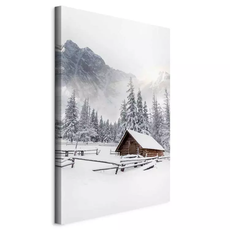 Winter Morning - Sunrise Landscape Over the Mountains, Forest and a Cottage