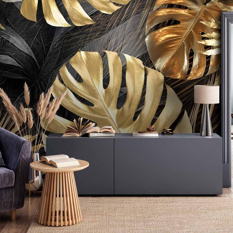 Wall Mural Golden Leaves - Floral Composition With Monsters on a Black Background