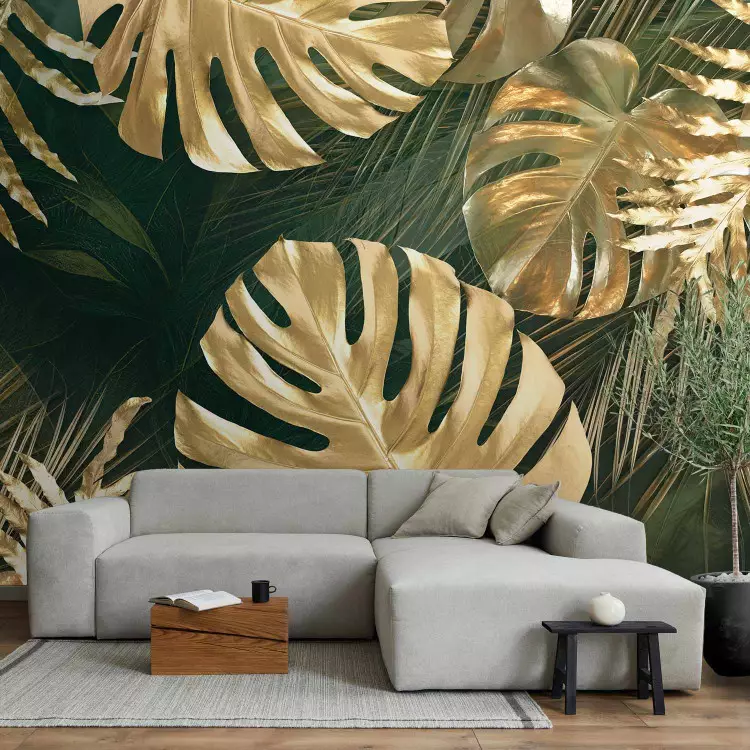 Wall Mural Golden Leaves - Floral Composition With Monsters on a Green Background