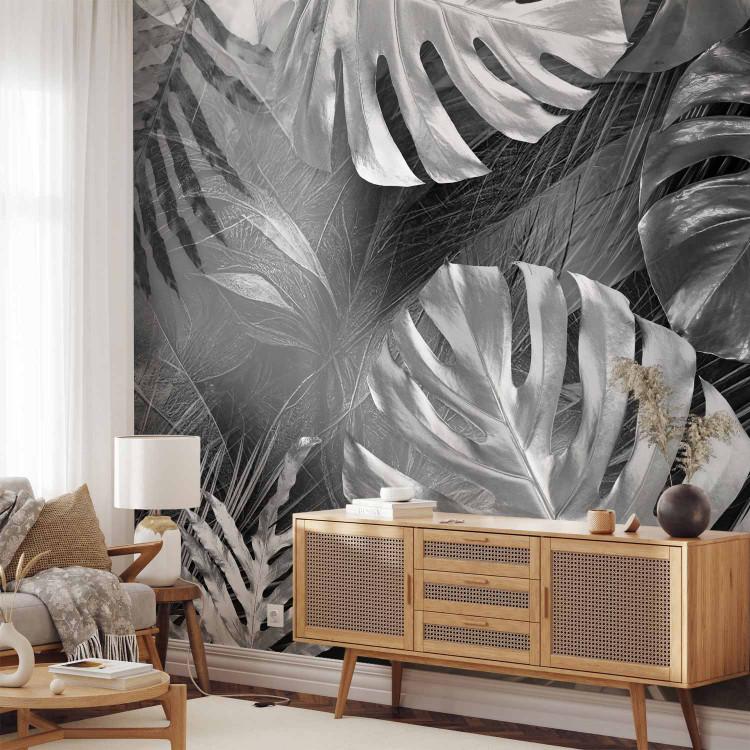 Wall Mural Silver Leaves - Floral Composition With Monsters on a Black Background