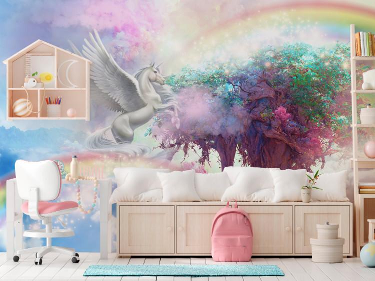 Wall Mural Unicorn and Magic Tree - Colorful and Rainbow Land in the Clouds