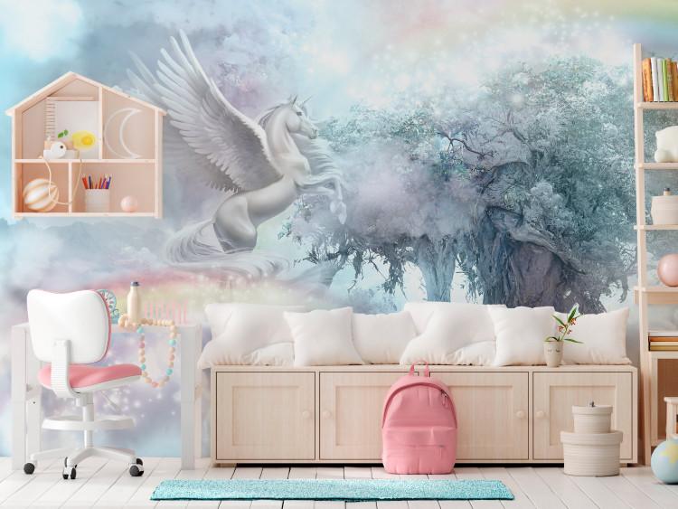 Wall Mural Unicorn and Magic Tree - Blue and Rainbow Land in the Clouds