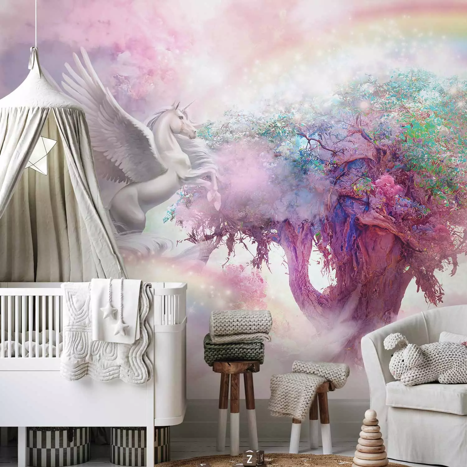Wall Mural Unicorn and Magic Tree - Pink and Rainbow Land in the Clouds