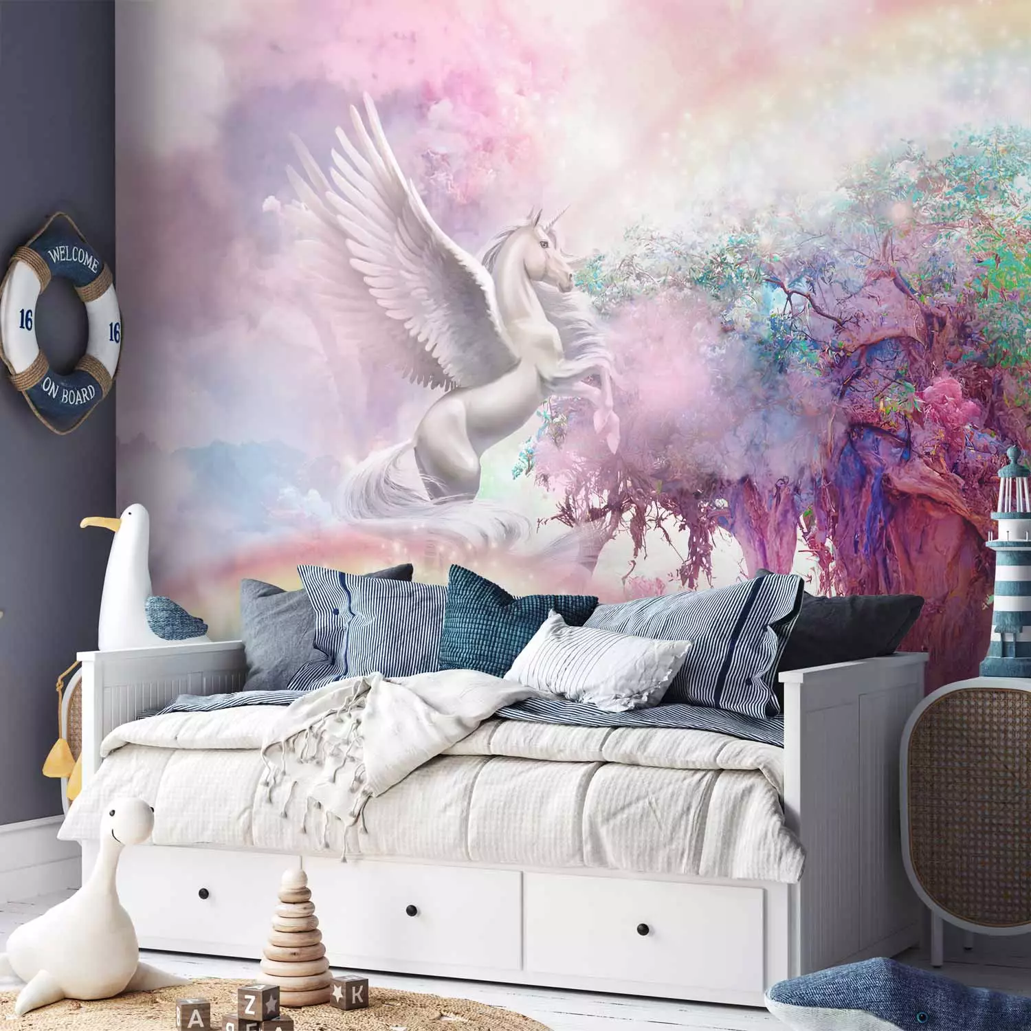 Wall Mural Unicorn and Magic Tree - Pink and Rainbow Land in the Clouds