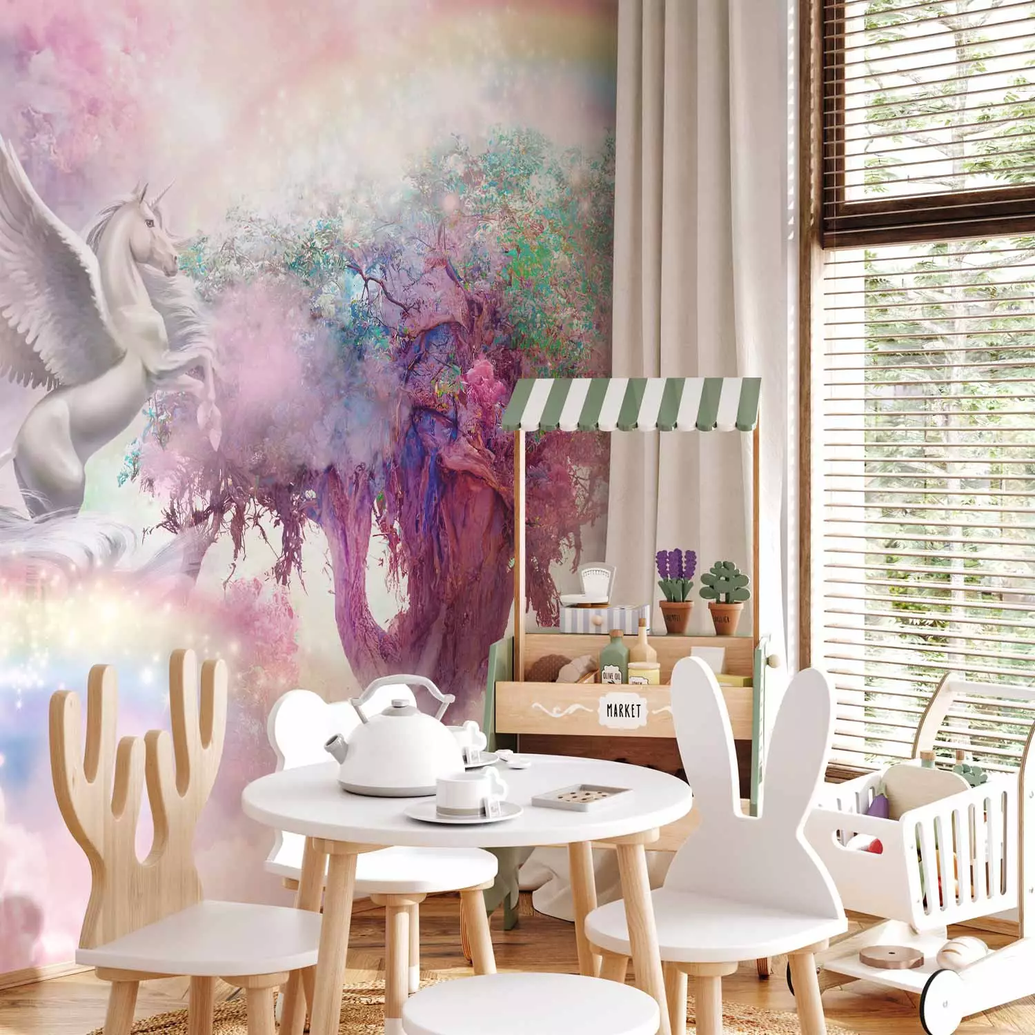 Wall Mural Unicorn and Magic Tree - Pink and Rainbow Land in the Clouds