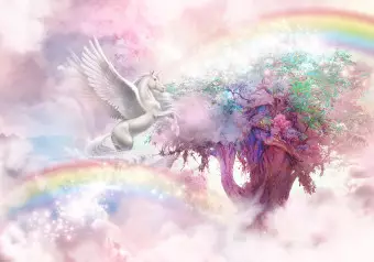 Wall Mural Unicorn and Magic Tree - Pink and Rainbow Land in the Clouds Wallpaper Cropper