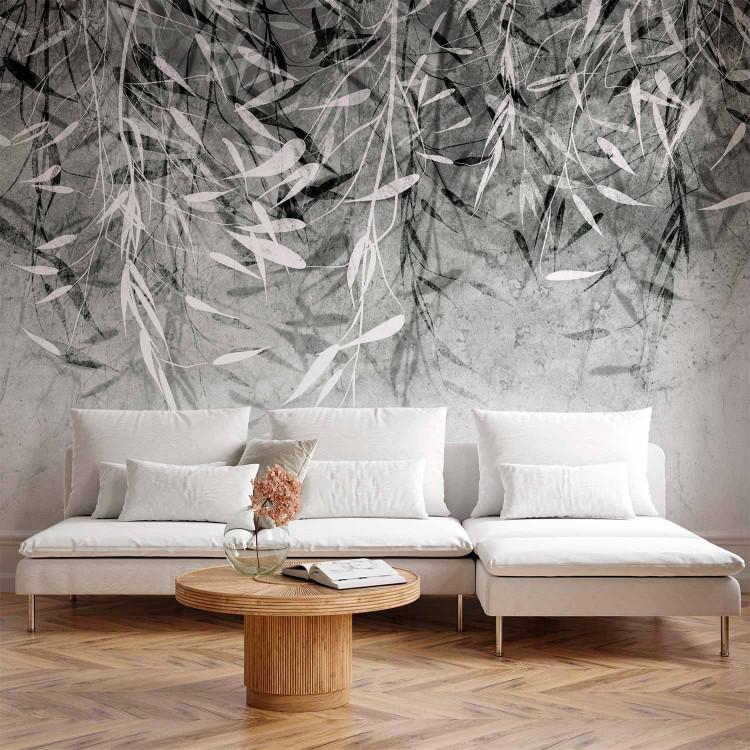 Wall Mural Plant Waterfall - Leaves Casting Shadow on Stone Background - Grey