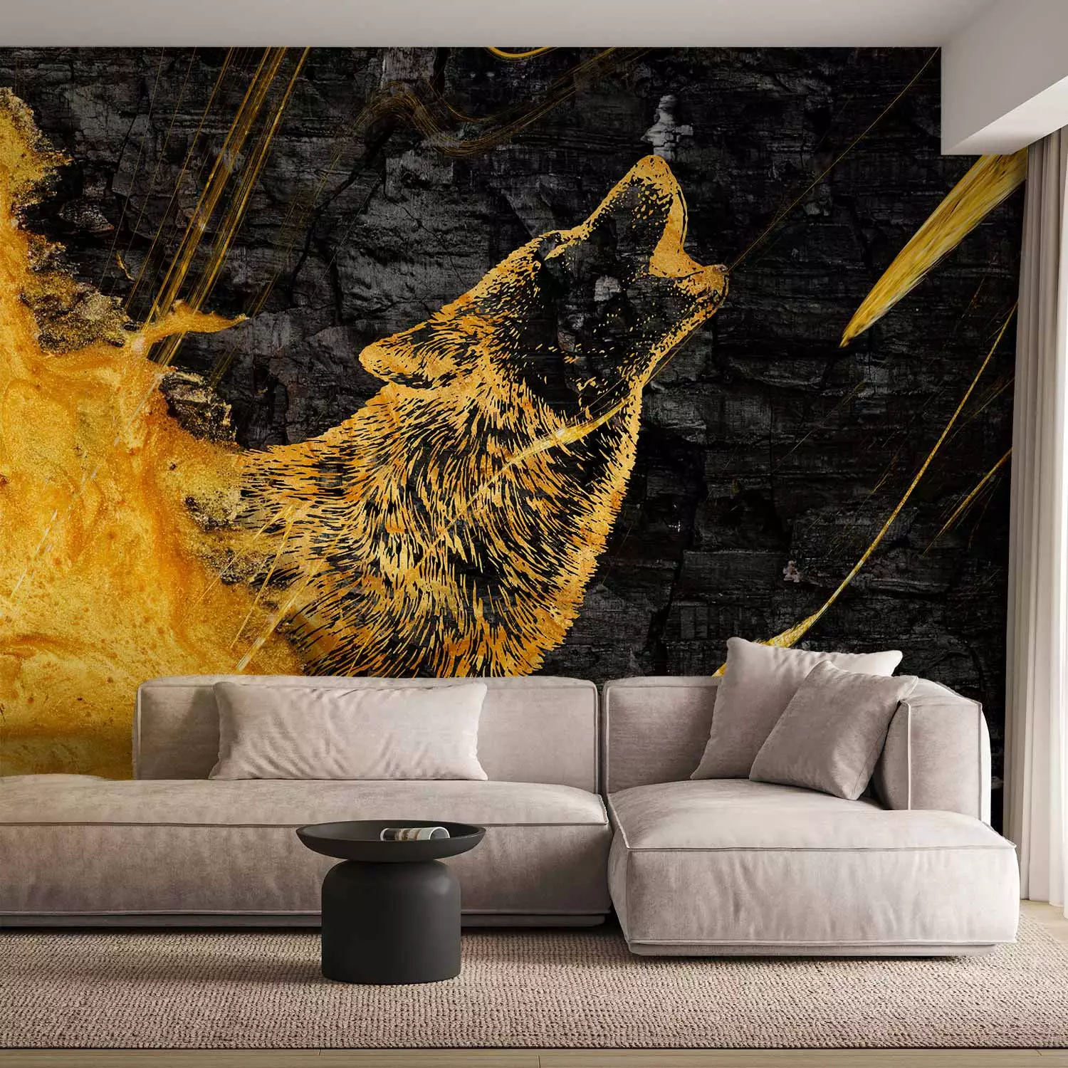Photo Wallpaper Howling Wolf - Contrasting Golden Animal on a Black Coal Background