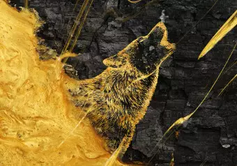Photo Wallpaper Howling Wolf - Contrasting Golden Animal on a Black Coal Background Wallpaper Cropper