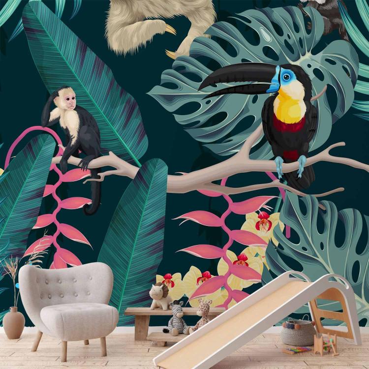 Wall Mural Sloth and Monkeys - Exotic Jungle With Birds on a Dark Background