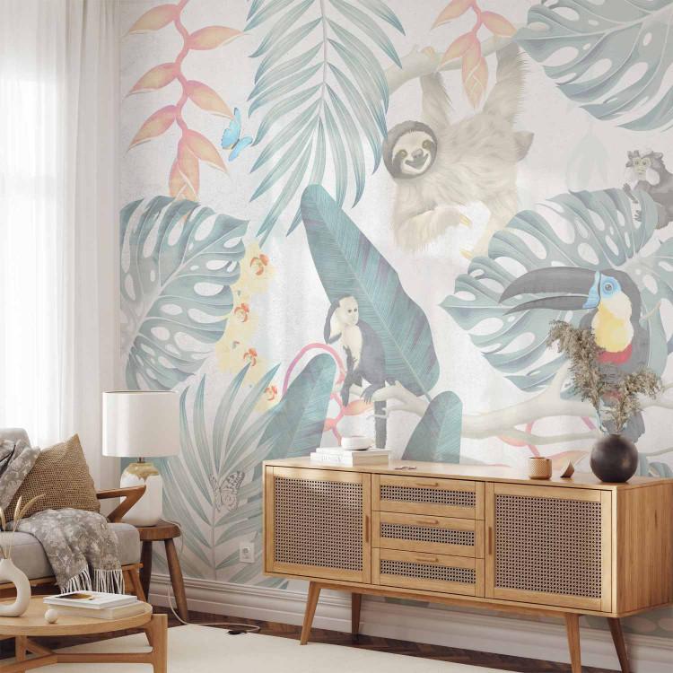 Wall Mural Sloth and Monkeys - Exotic Jungle in Pastel Shades