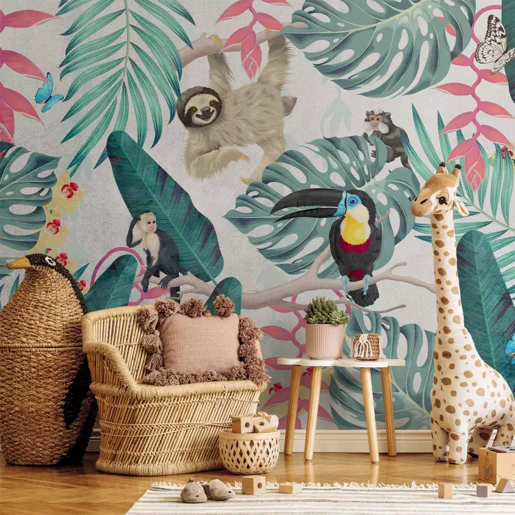 Sloth and Monkeys - Exotic Jungle With Birds on a Light Background