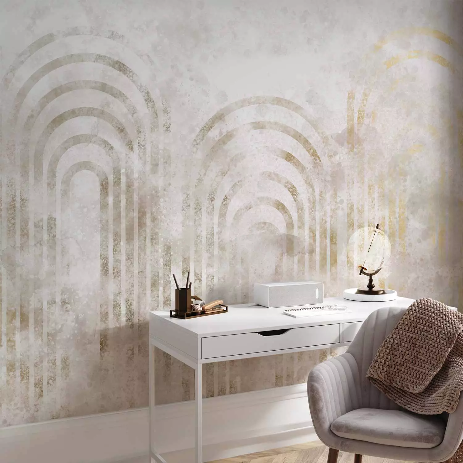 Wall Mural Golden Columns - Geometric Shapes on a Beige Background